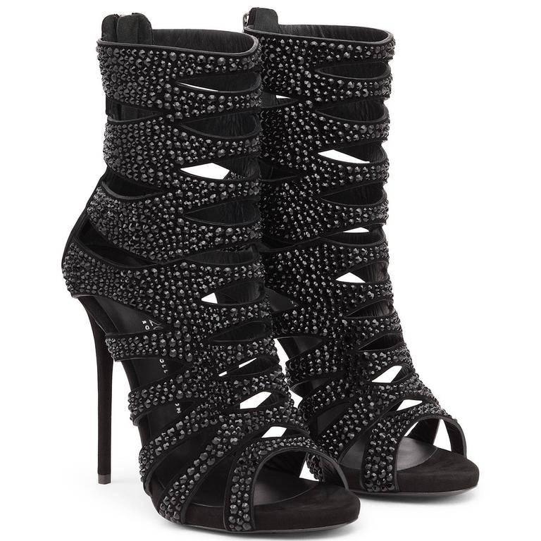 Women's Giuseppe Zanotti New Sold Out Black Suede Crystal Cut Out Sandals Heels in Box