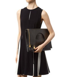 Tom Ford Black Leather Silver Lock 2 in 1 Evening Clutch Crossbody Shoulder Bag