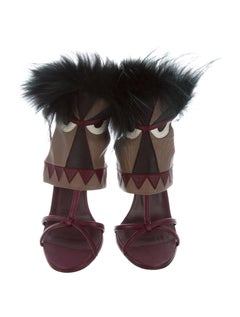 Fendi New Runway Maroon Leather Fox Fur Bug Evening Sandals Heels in Box