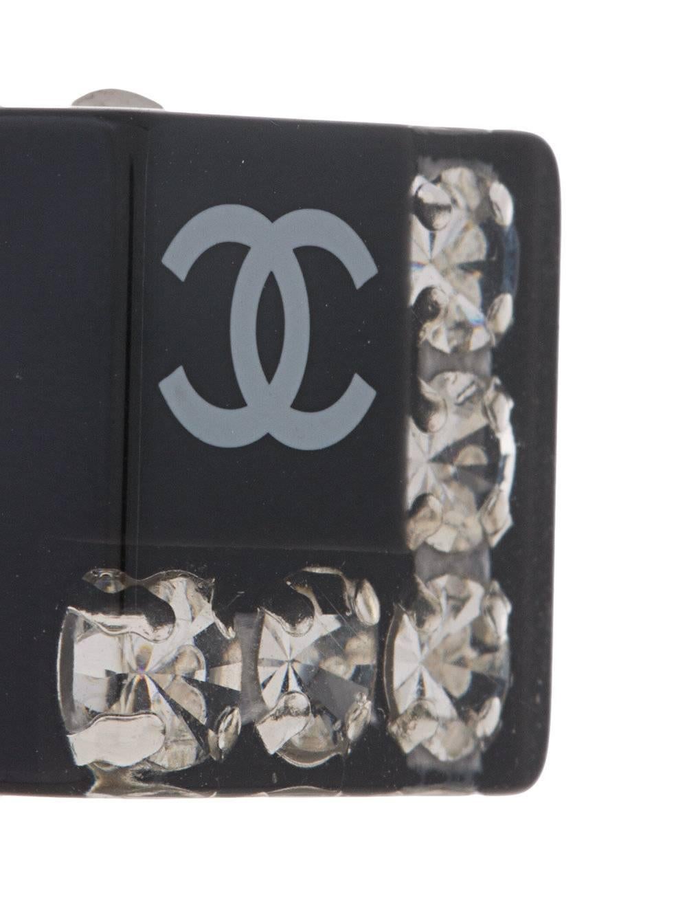 Chanel Black Resin Square Rhinestone Charm Evening Stud Earrings In Good Condition In Chicago, IL