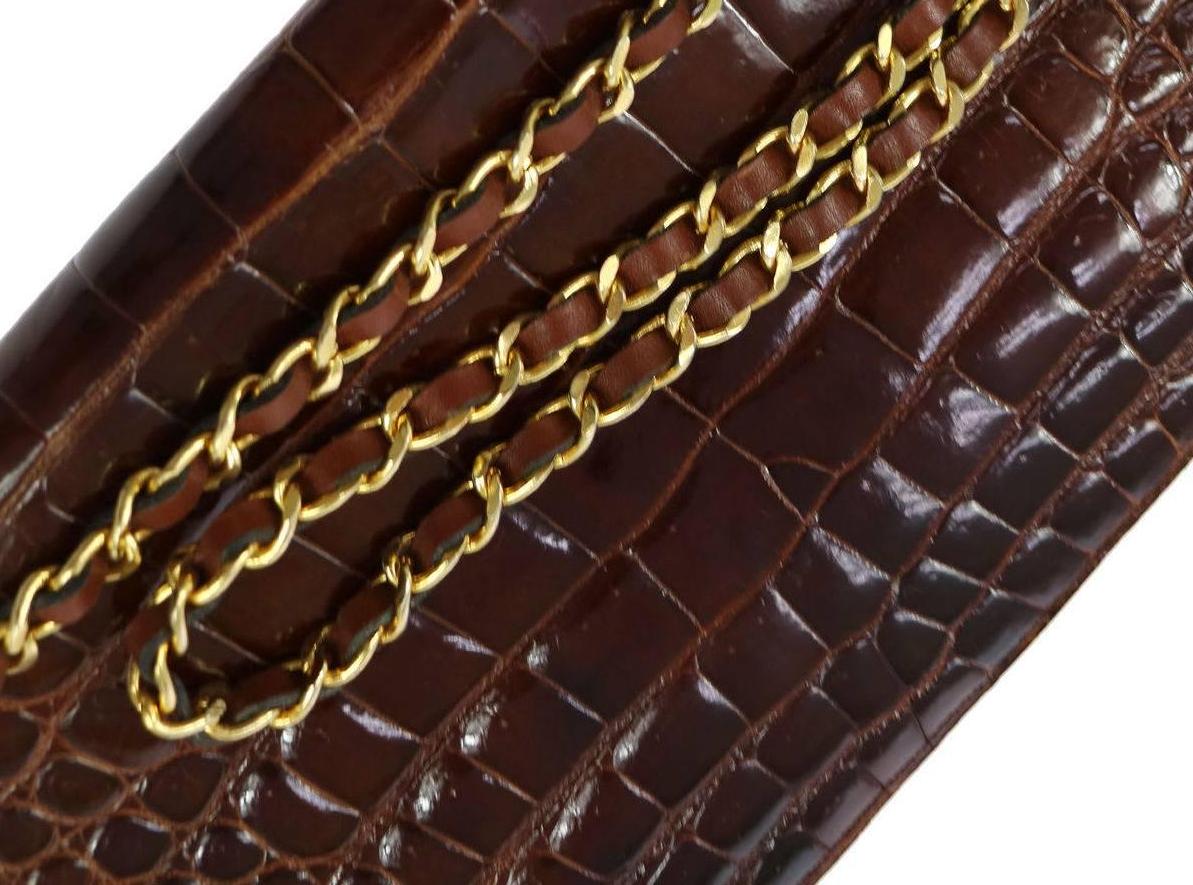 Women's Chanel Rare Vintage Crocodile Cognac Gold Evening 2 in1 Clutch Flap Shoulder Bag