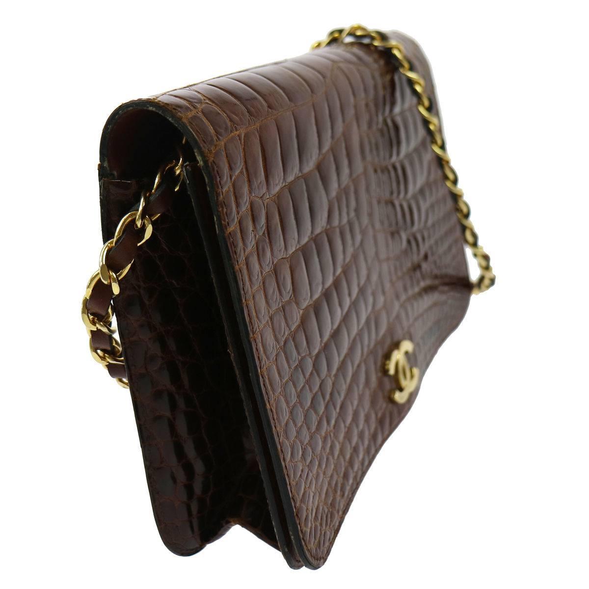Black Chanel Rare Vintage Crocodile Cognac Gold Evening 2 in1 Clutch Flap Shoulder Bag