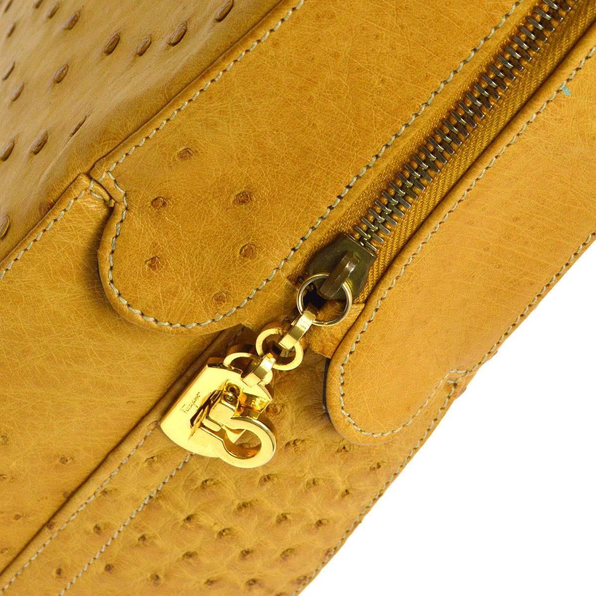 Orange Salvatore Ferragamo Mustard Ostrich Leather Kelly Style Top Handle Satchel Bag
