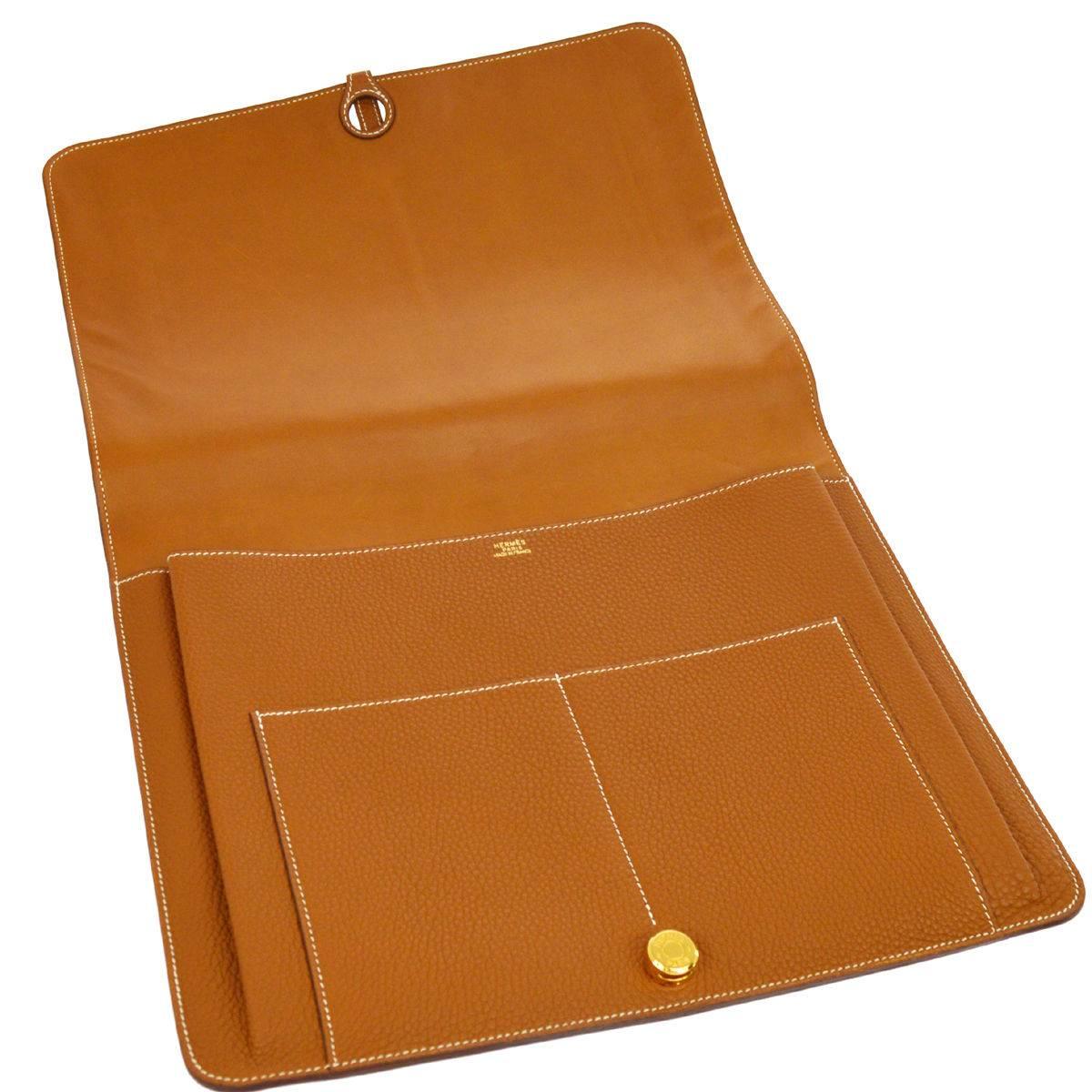 Brown  Hermes Cognac Leather Gold Large LapTop Business Envelope Clutch CarryAll Bag