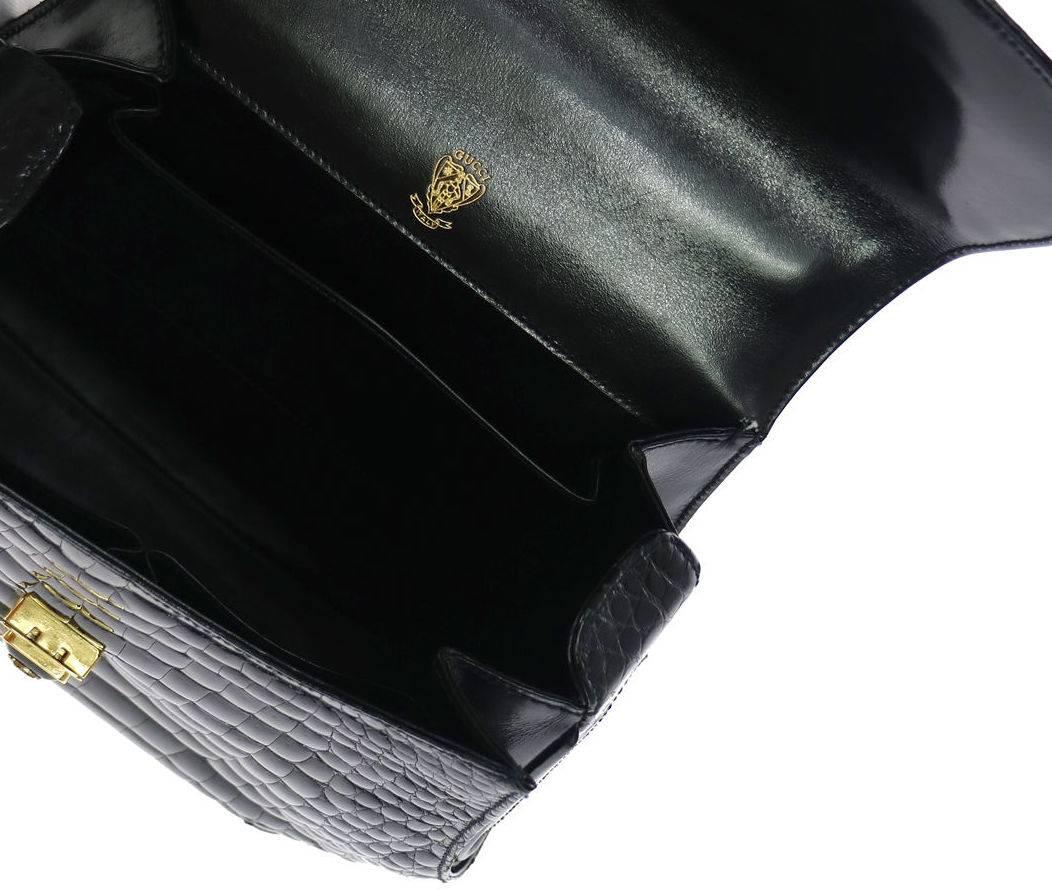 Women's Gucci Black Crocodile Kelly Top Handle Satchel Flap Bag W/Box