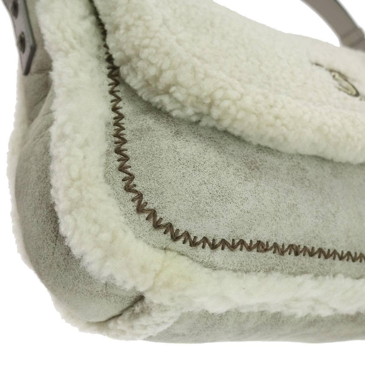 Beige Chanel Winter White Gray Shearling Shoulder Flap Bag W/Box