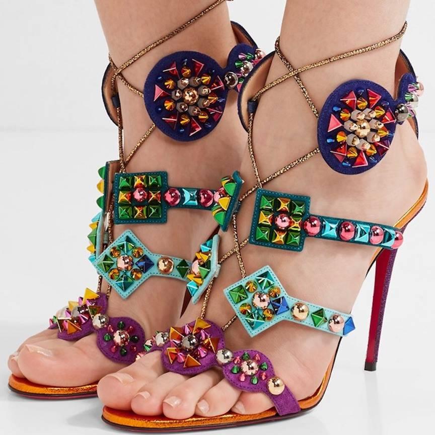 Christian Louboutin New Multi Color Gold Tribal High Heels Sandals 