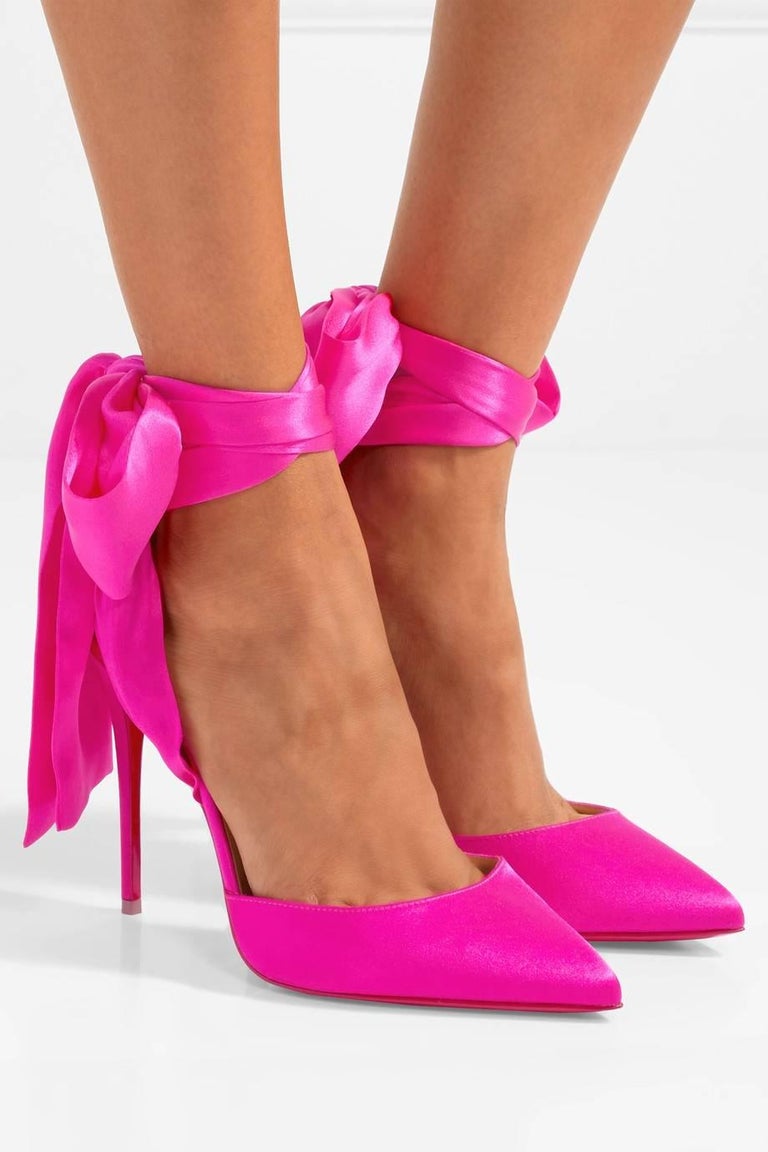 Christian Louboutin NEW Hot Pink Satin Bow Evening Sandals Pumps Heels in  Box at 1stDibs | pink satin pumps, hot pink heel, hot pink heels