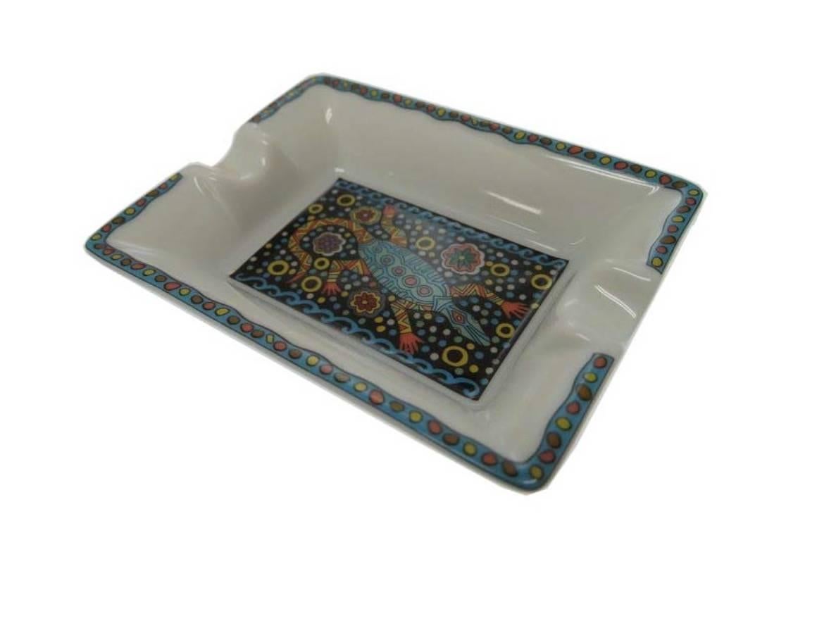 Gray Hermes Like New Porcelain Turtles Two Piece Cigar Trays Ashtrays Gift Set in Box