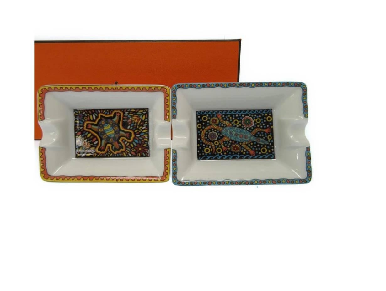 Hermes Like New Porcelain Turtles Two Piece Cigar Trays Ashtrays Gift Set in Box 1