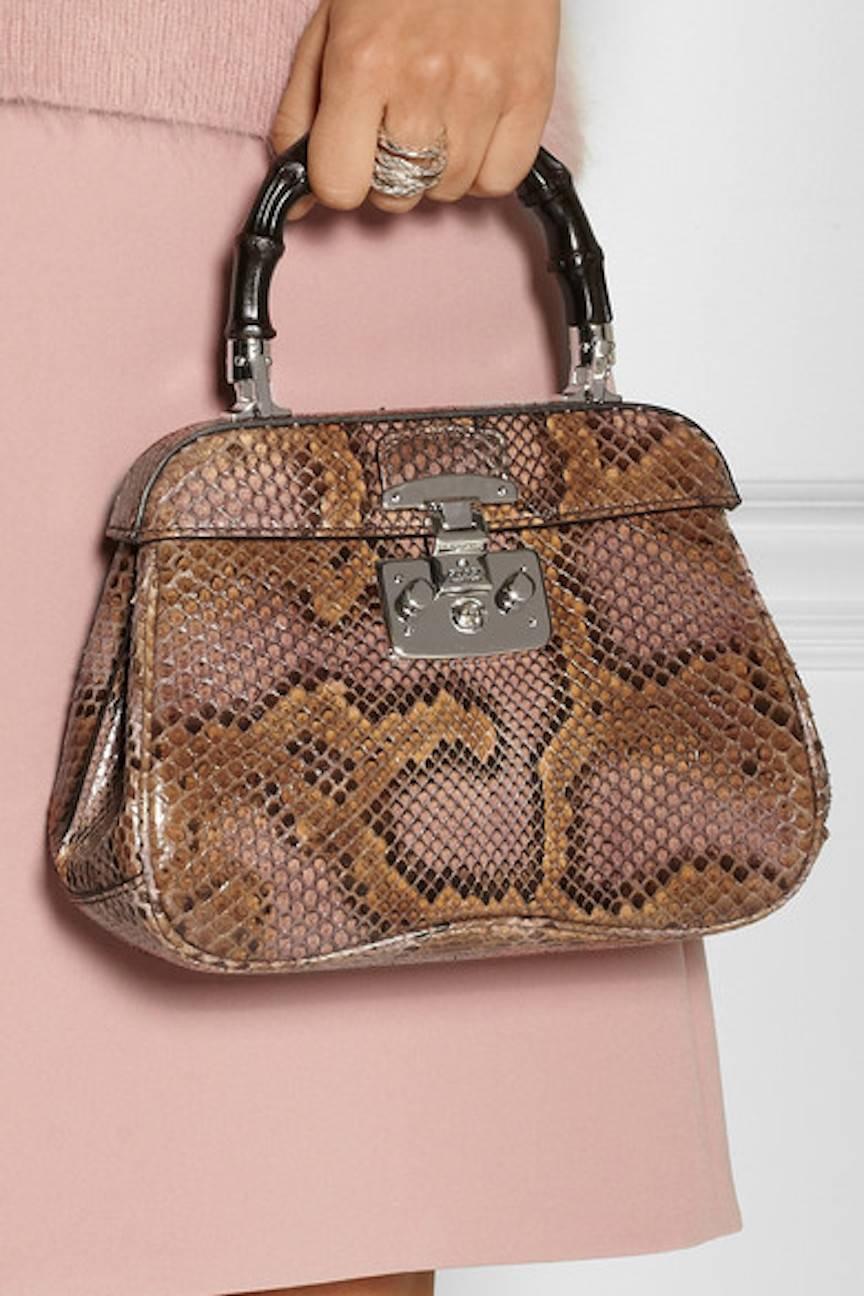 Brown Gucci Cognac Snakeskin Bamboo 2 in 1 Kelly Style Satchel Shoulder Bag