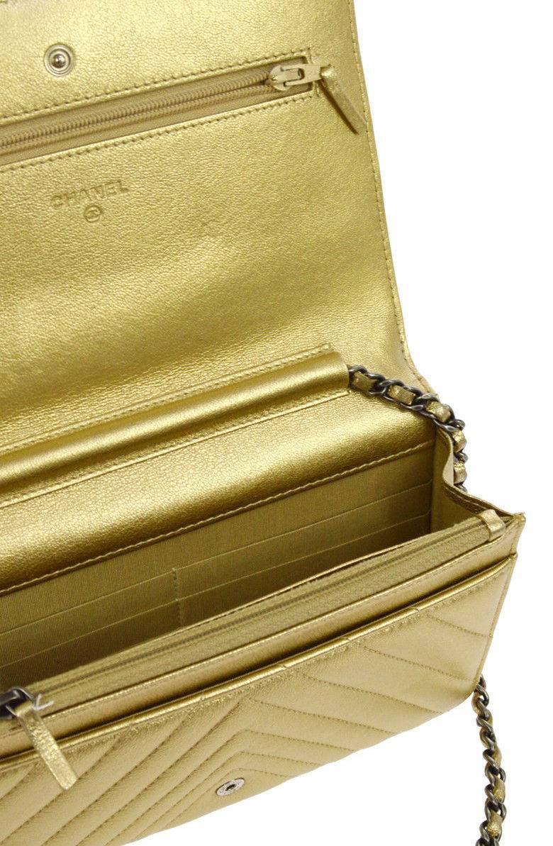 Chanel Gold Leather Chevron Wallet on Chain Clutch Evening Shoulder Flap Bag 3