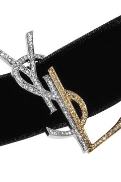 Yves Saint Laurent New Velvet Gold Silver Crystal Charm Evening Choker Necklace