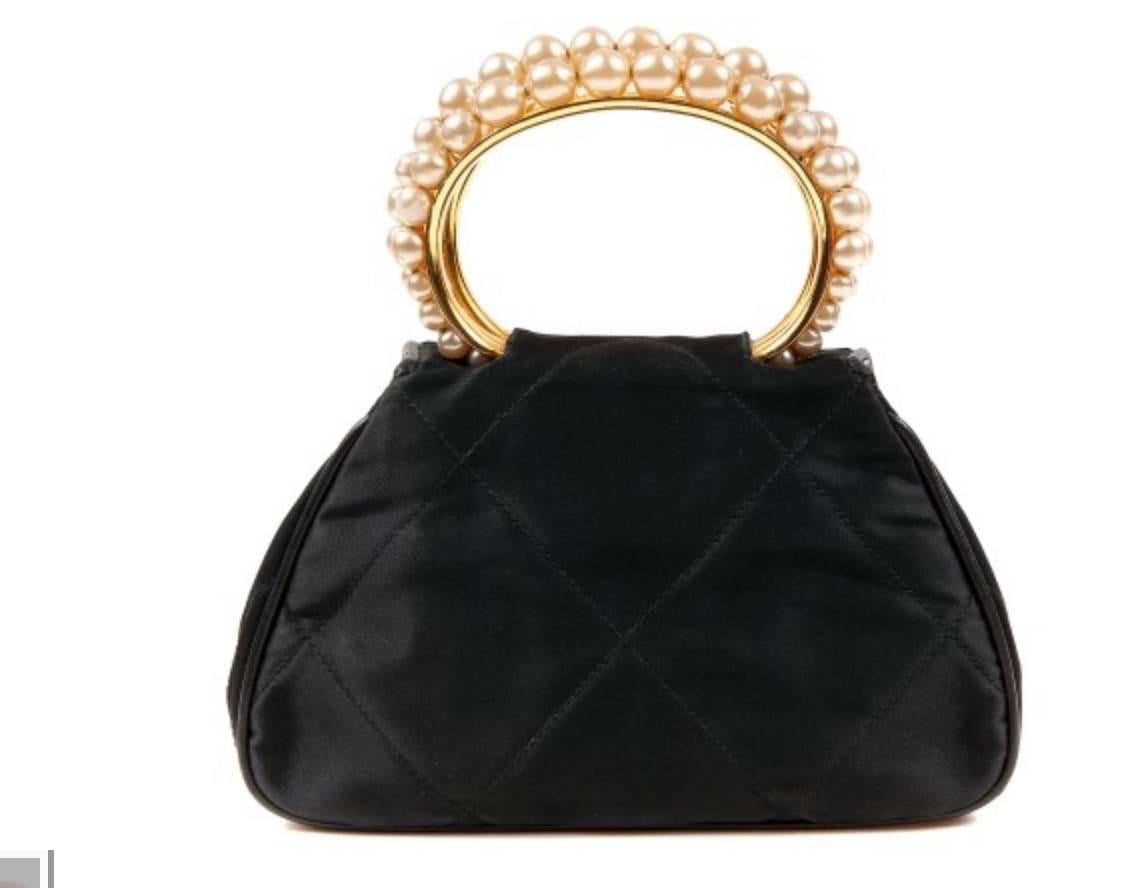 Chanel Black Small Three Pearl Kelly Top Handle Satchel Evening Flap Bag W/Box In Excellent Condition In Chicago, IL