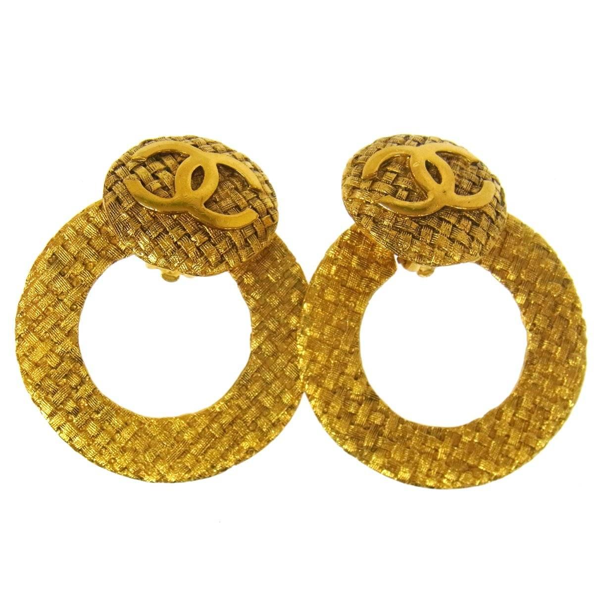 Chanel Gold Large Textured Metal Round Hoop Doorknocker Drop Earrings