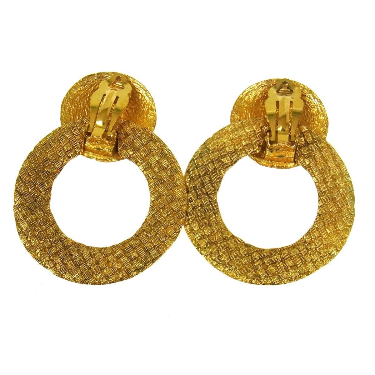 Chanel Gold Large Textured Metal Round Hoop Doorknocker Drop Earrings In Excellent Condition In Chicago, IL
