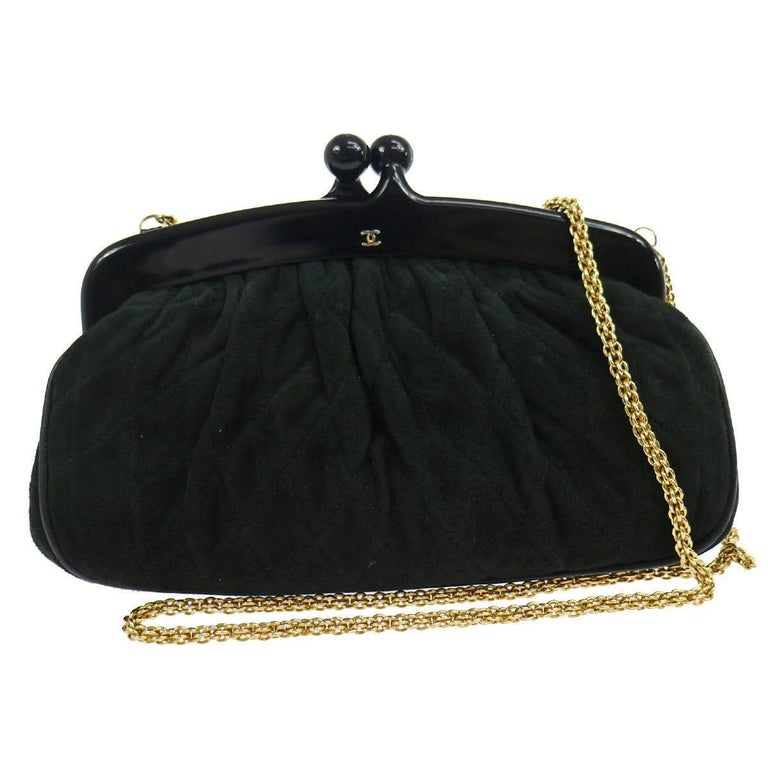 Chanel Black Suede KissLock Party 2 in 1 Clutch Evening Shoulder Bag in