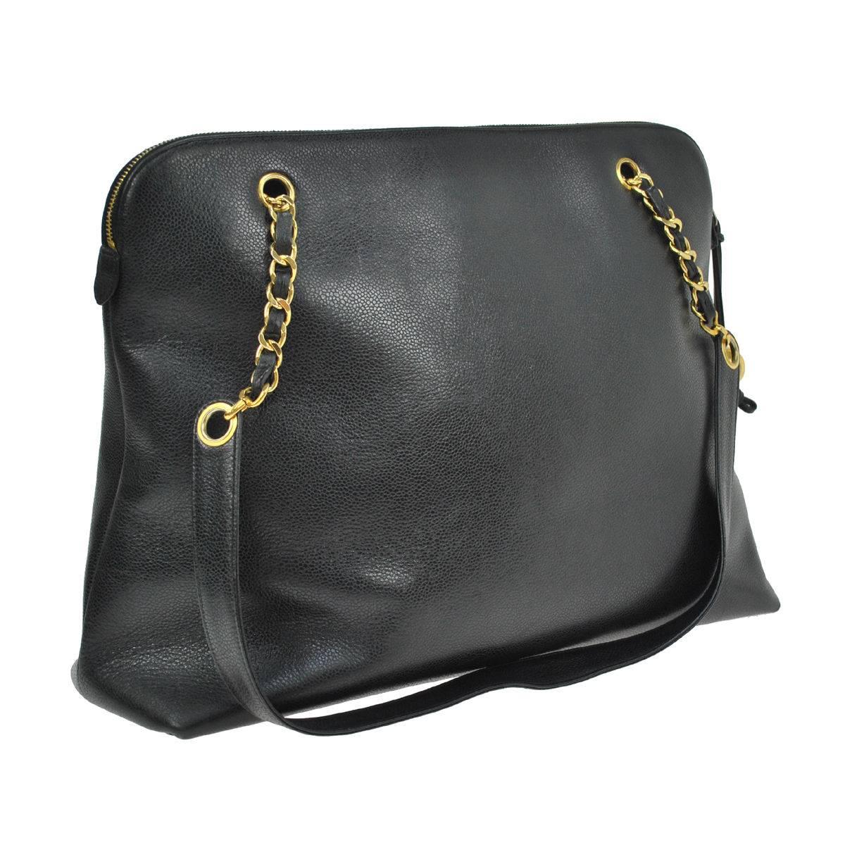 Chanel Black Caviar Leather Carryall Shopper Weekender Travel Shoulder Bag 1