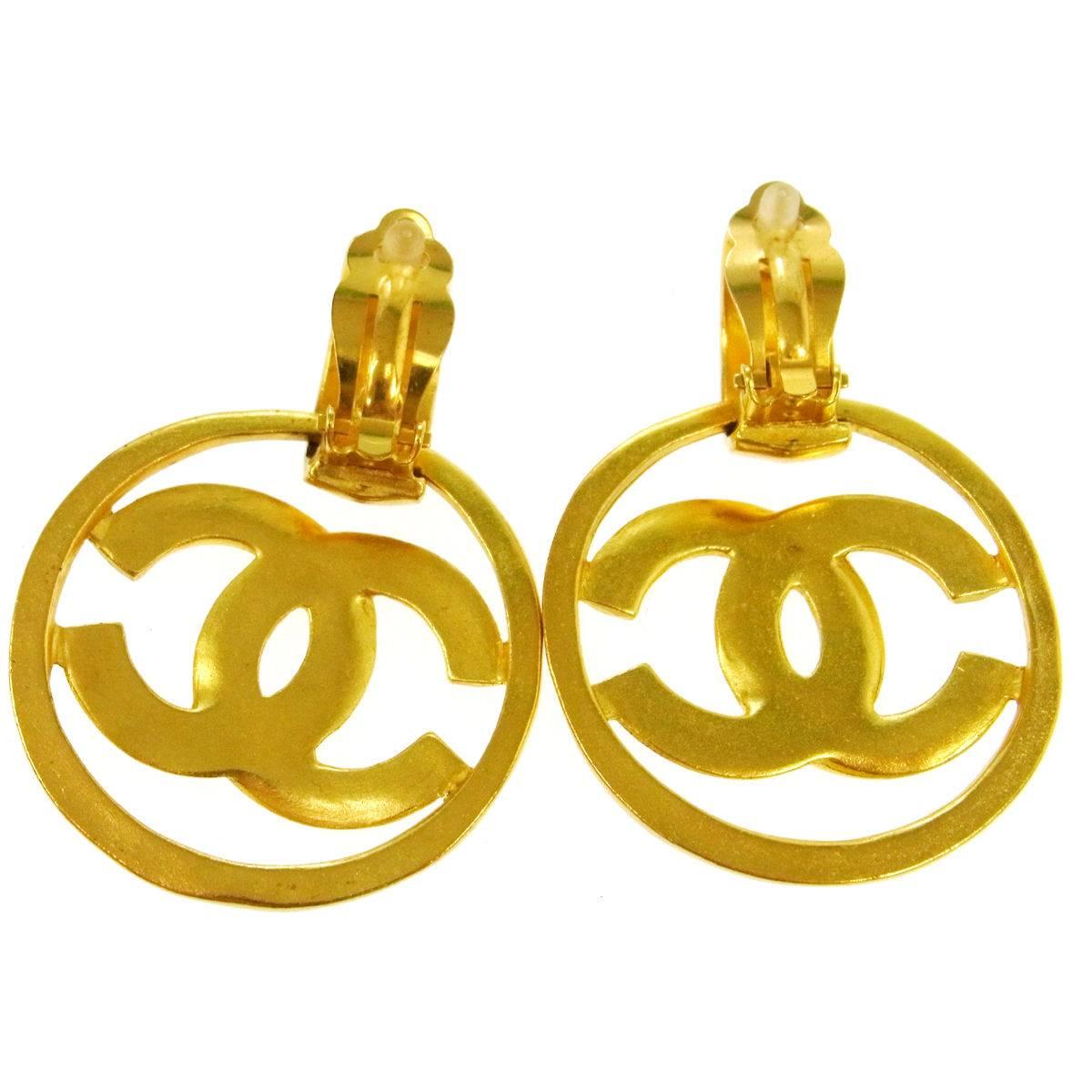 Chanel CC Gold Charm Circle Hoop Doorknocker Large Dangle Earrings in Box In Good Condition In Chicago, IL