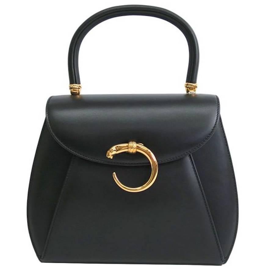 Cartier Black Leather Gold Emblem Charm Kelly Top Handle Satchel Flap Bag