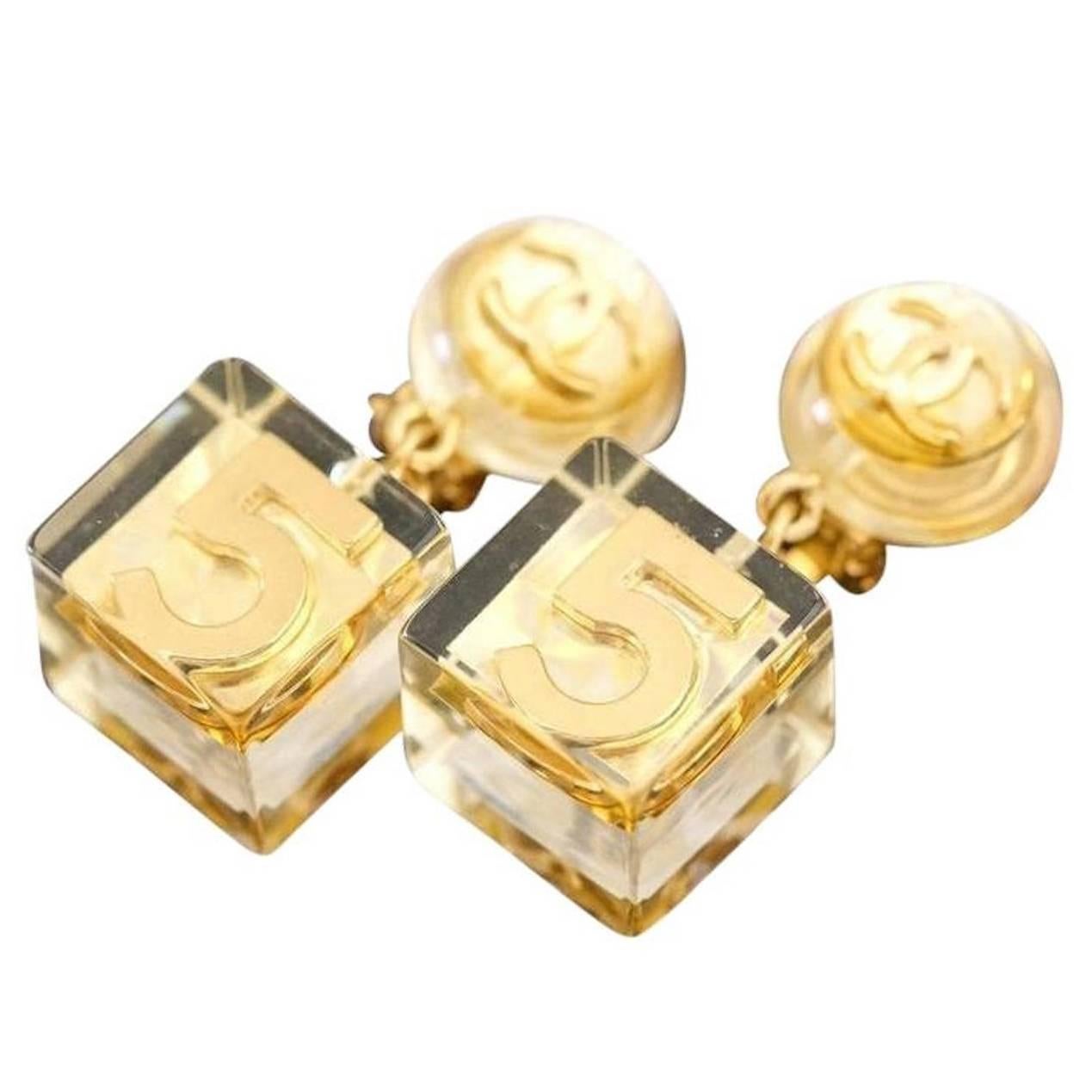 Chanel RARE No. 5 Gold CC Clear Lucite Cube Dangle Drop Earrings in Box