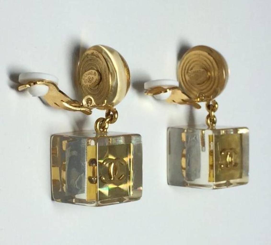 Chanel RARE No. 5 Gold CC Clear Lucite Cube Dangle Drop Earrings in Box In Excellent Condition In Chicago, IL