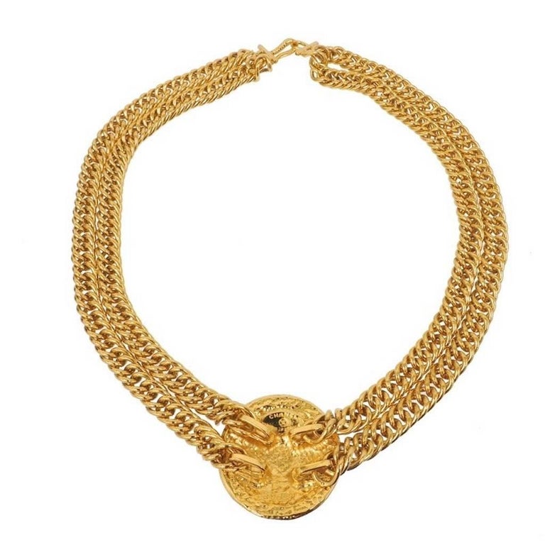 Chanel Gold Medallion Charm Double Chain Evening Choker Necklace For