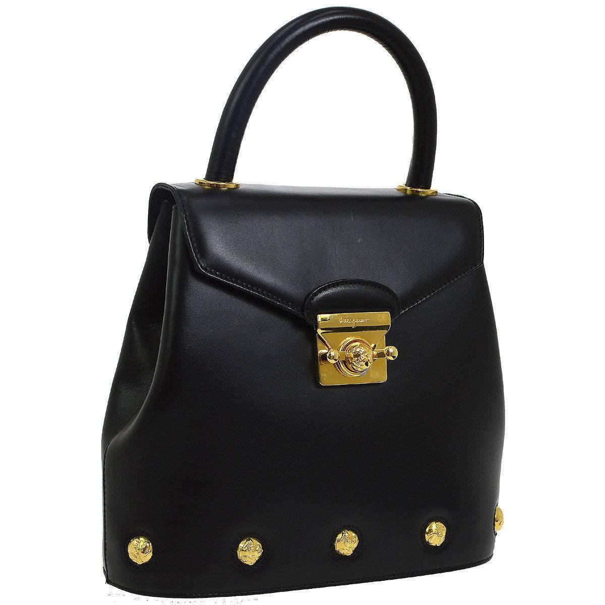 Salvatore Ferragamo Black Leather Gold Stud Kelly Style Top Handle Shoulder Bag