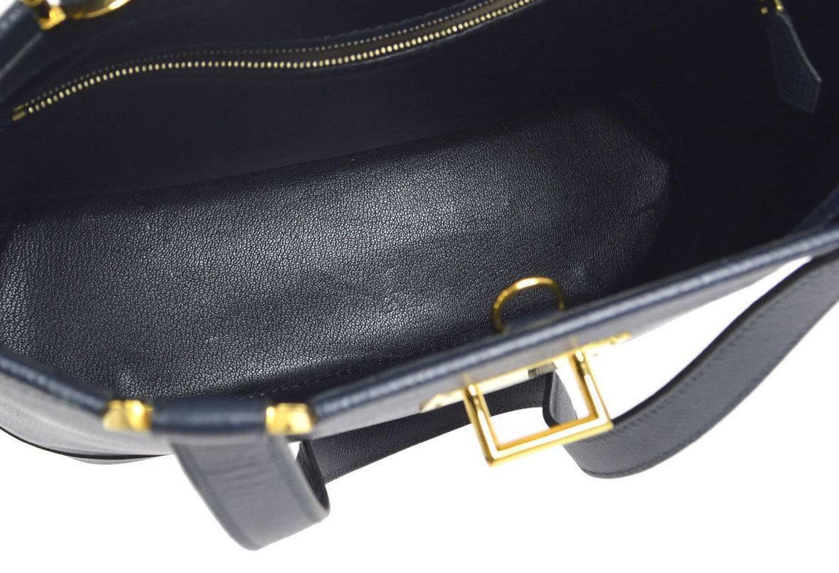 Women's Hermes Dark Blue Gold Hardware Slip Closure Travel Carryall Tote Shoulder Bag