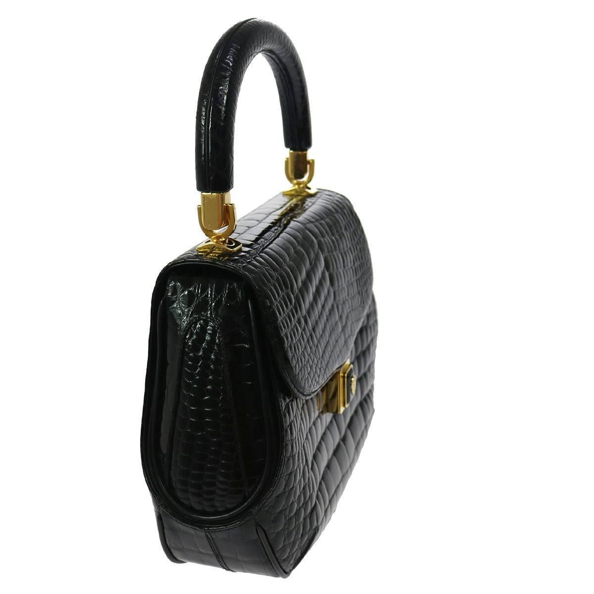 Gucci Black Crocodile Kelly Top Handle Satchel Flap Bag In Excellent Condition In Chicago, IL