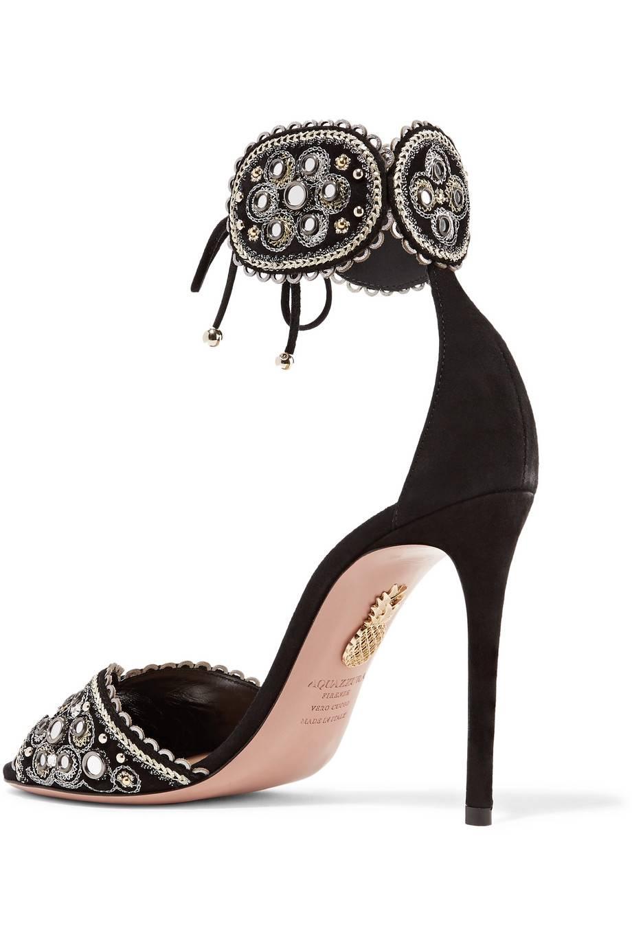 Aquazzura Black Gold Silver Suede Embroidered Evening Sandals Heels   In New Condition In Chicago, IL
