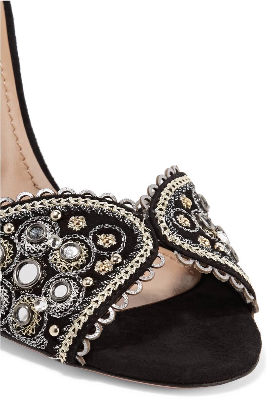 Women's Aquazzura Black Gold Silver Suede Embroidered Evening Sandals Heels  