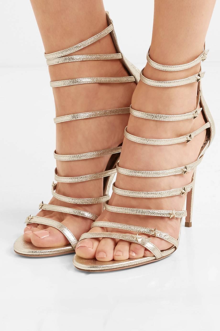 Aquazzura NEW Gold Leather Gladiator Cage Evening Sandals Heels in Box 

Size IT 36
Leather
Gold tone hardware
Ankle closure
Made in Italy
Heel height 4