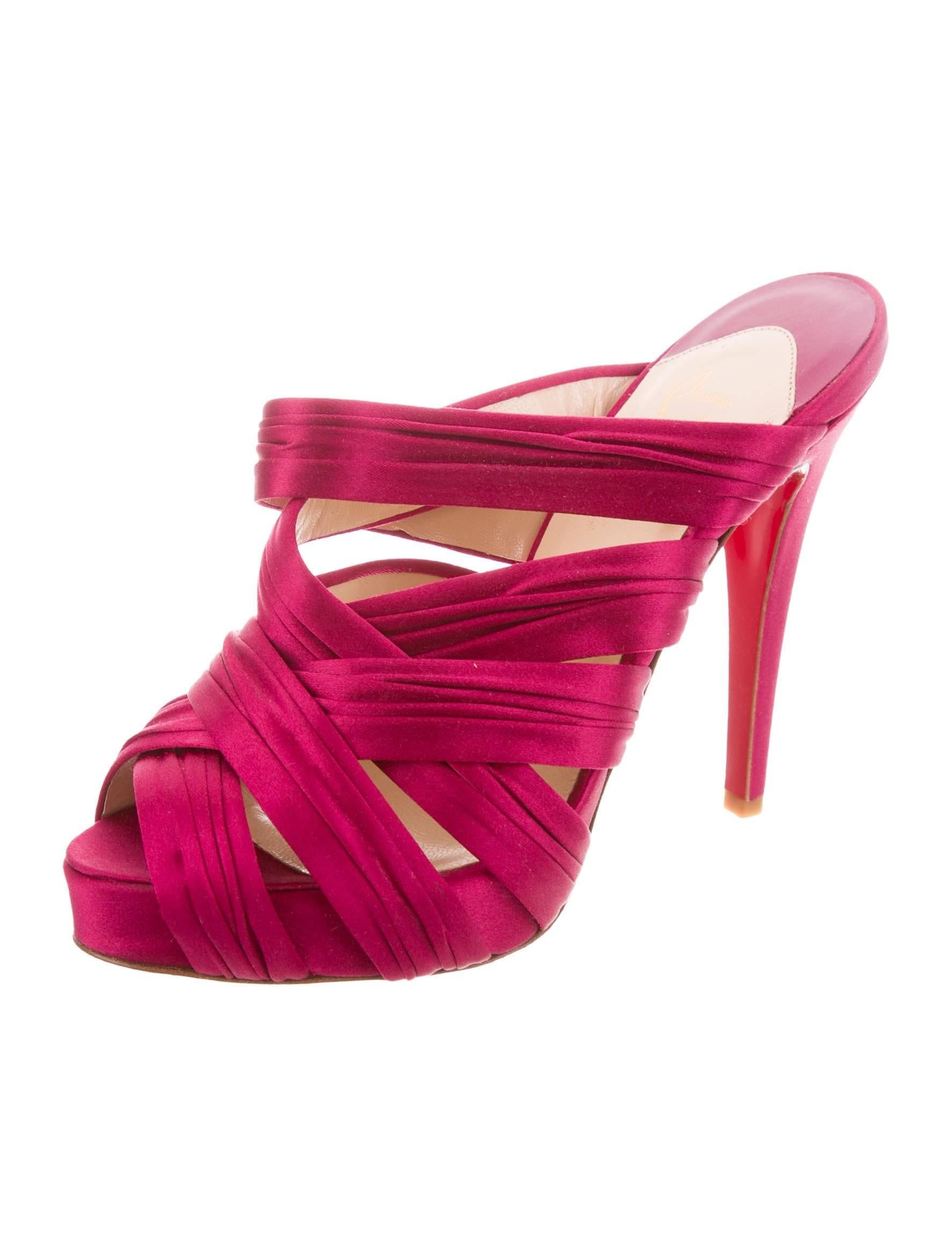 Christian Louboutin Fuchsia Satin Slide in Evening Sandals Heels  In New Condition In Chicago, IL