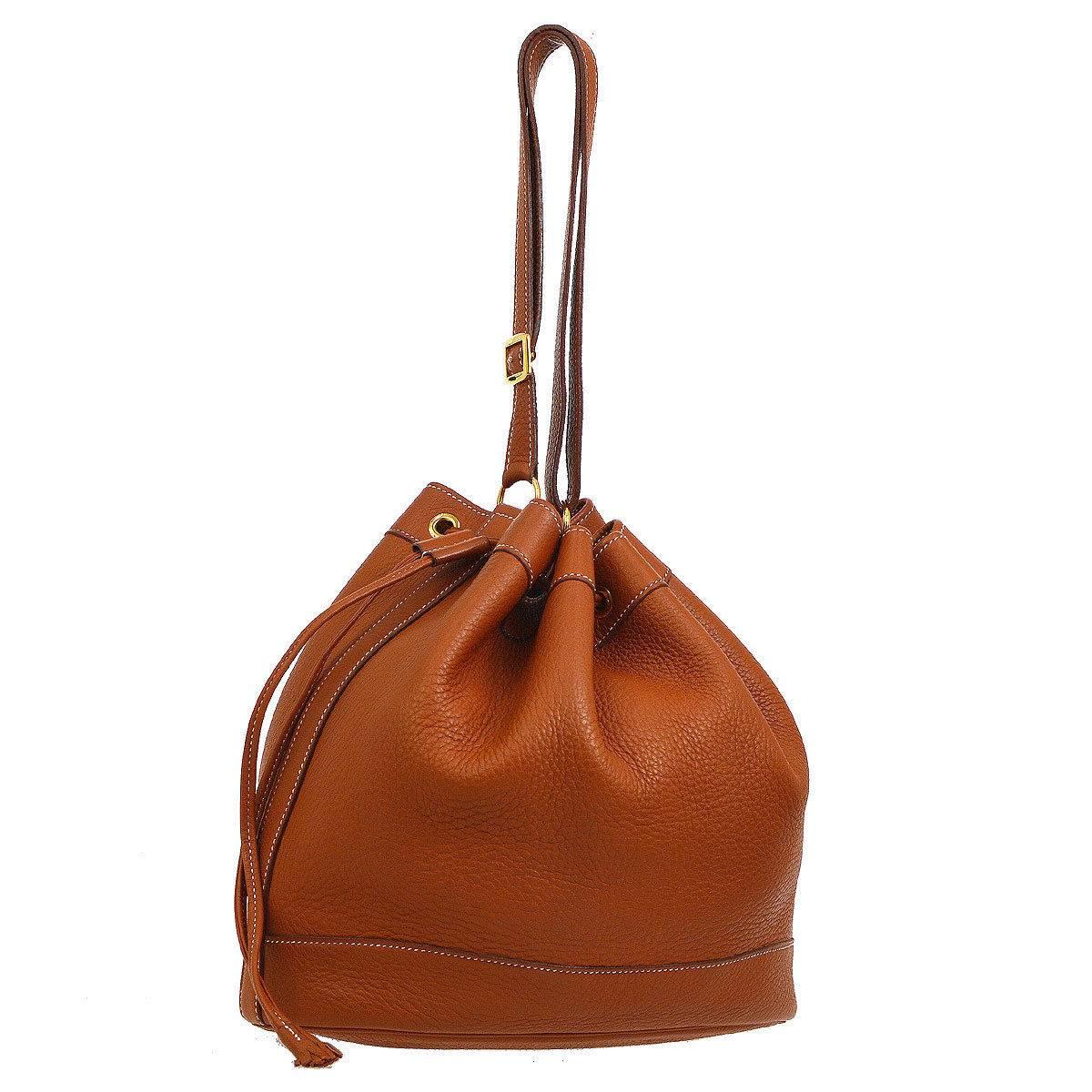 Hermes Vintage Cognac Leather Bucket Drawstring Carryall Shoulder Bag