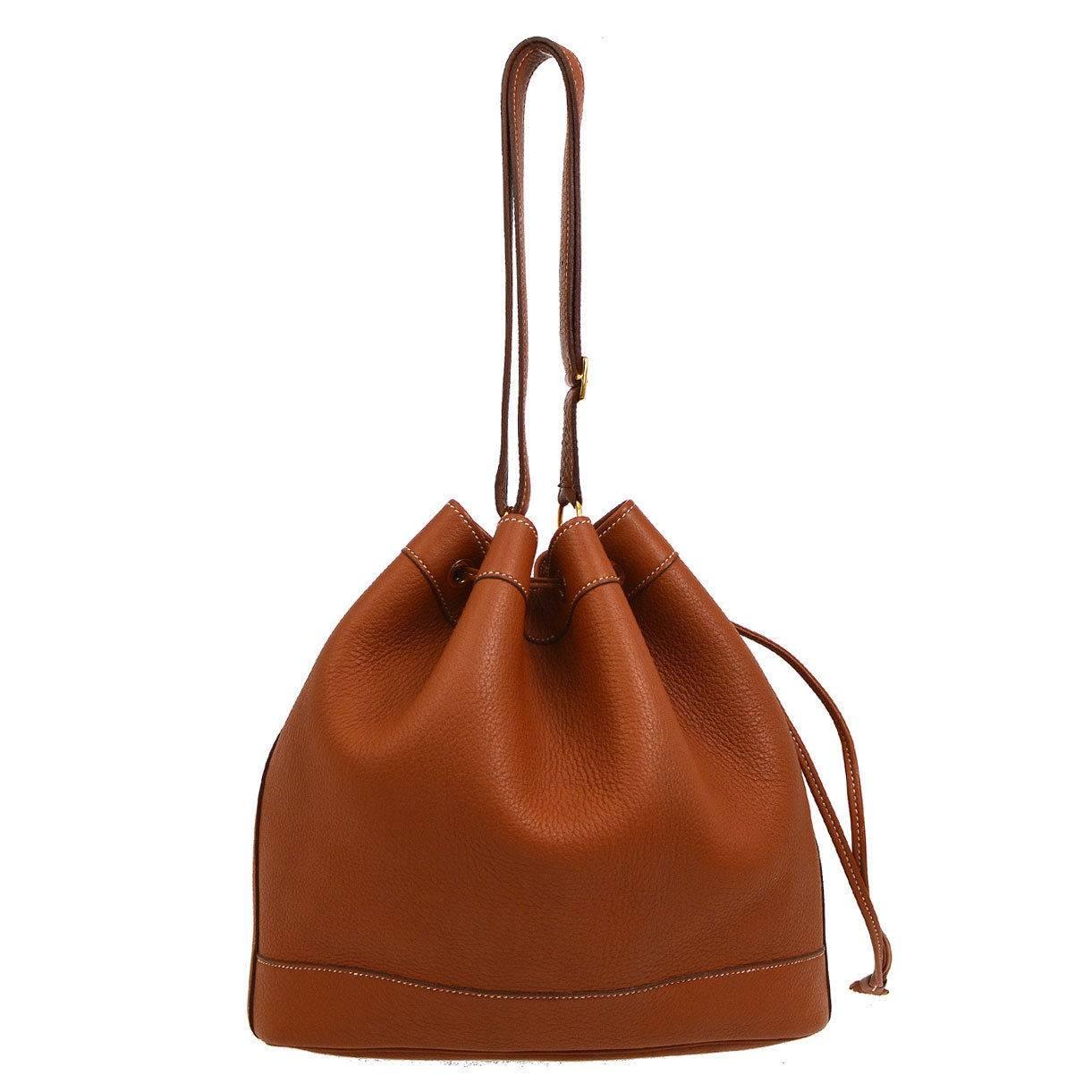 Hermes Vintage Cognac Leather Bucket Drawstring Carryall Shoulder Bag In Excellent Condition In Chicago, IL
