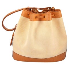 Hermes Vintage Cognac Leder Canvas Bucket Drawstring Carryall Umhängetasche