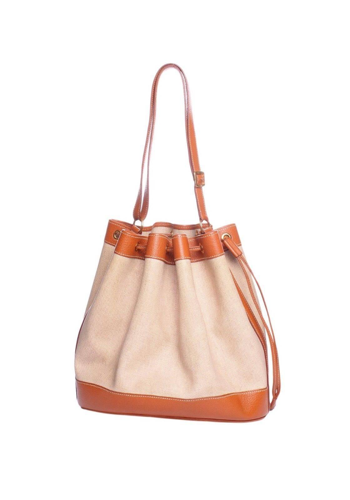 Hermes Vintage Cognac Leder Canvas Bucket Drawstring Carryall Umhängetasche Damen