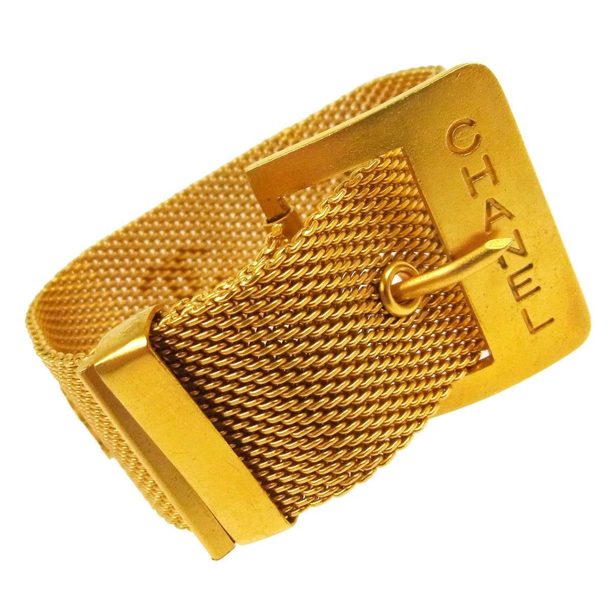 Chanel Gold Charm Belt Buckle Mesh Evening Cuff Bracelet 