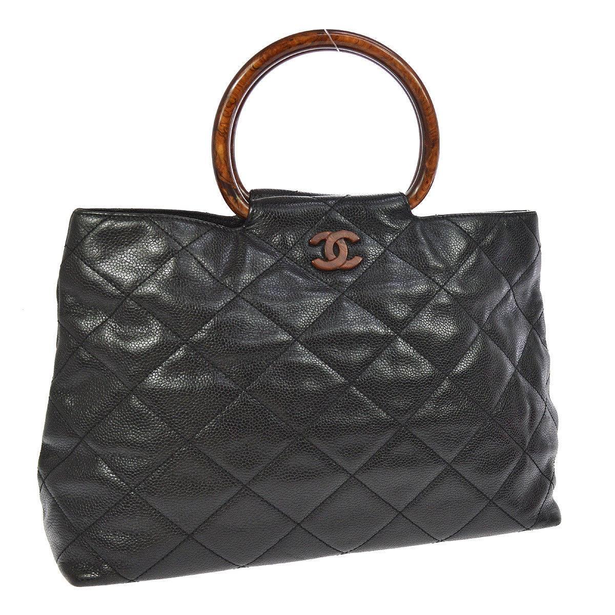 Chanel Black Leather Cross Stitch Kelly Brown Top Handle Satchel Bag