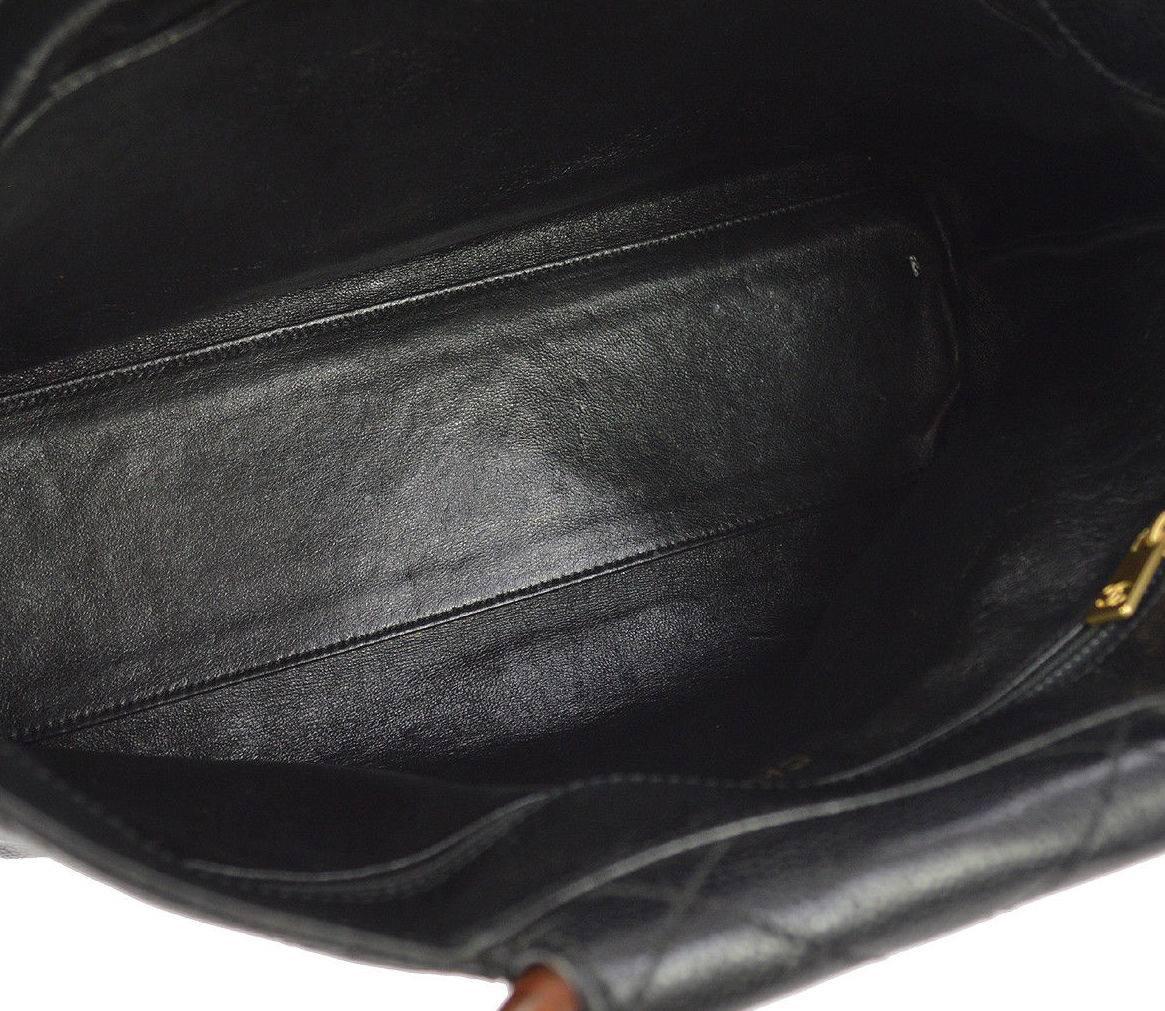 Women's Chanel Black Leather Cross Stitch Kelly Brown Top Handle Satchel Bag