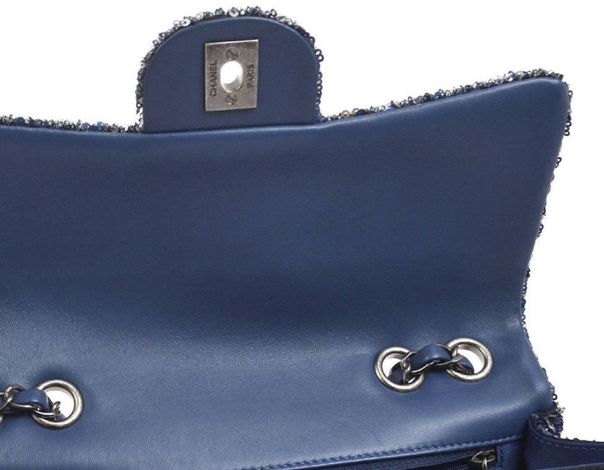 Chanel Limited Edition Blue Sequin Leather Single Double Shoulder Flap Bag In Excellent Condition In Chicago, IL