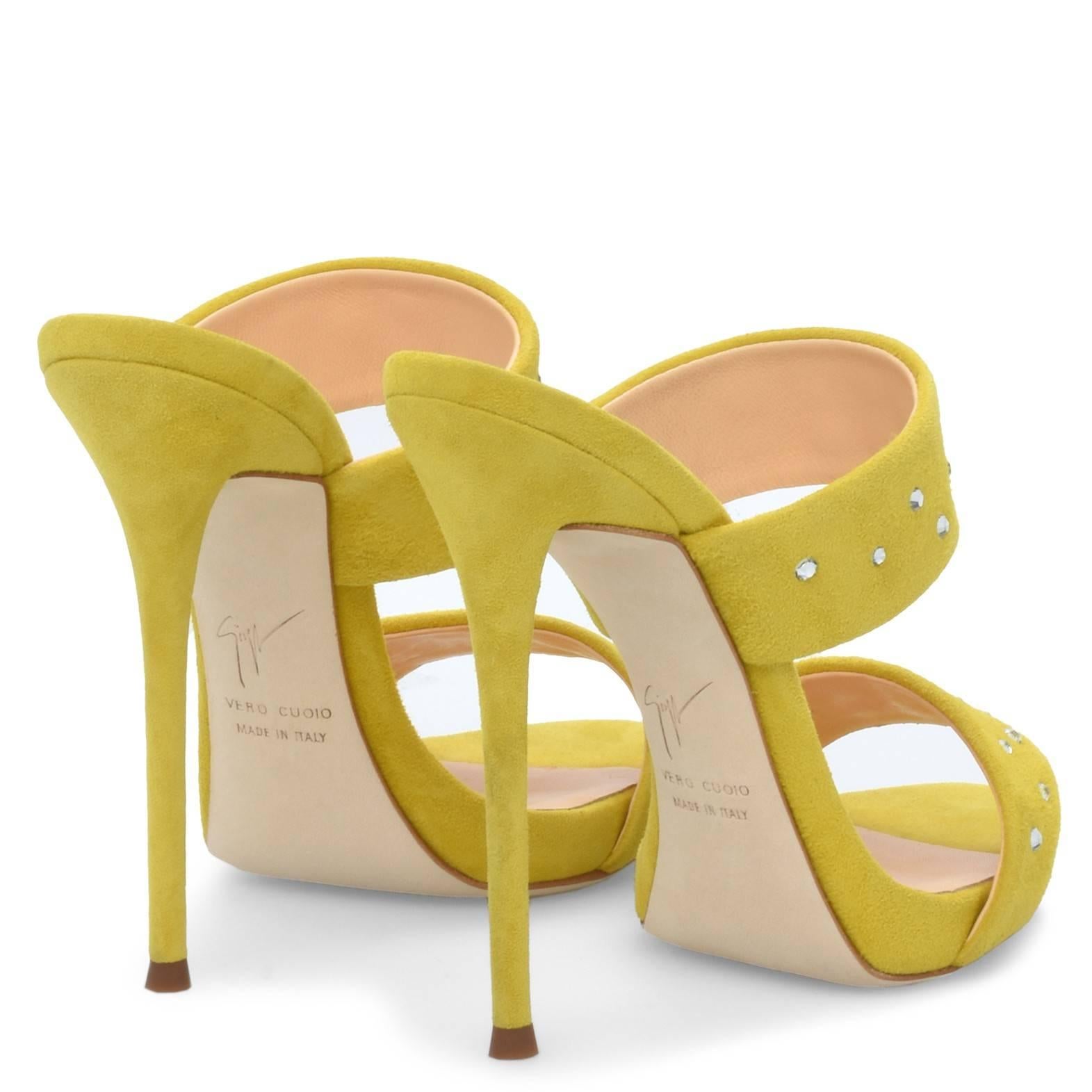 Women's Giuseppe Zanotti Yellow Suede Crystal Slide in Mules Heels Sandals 