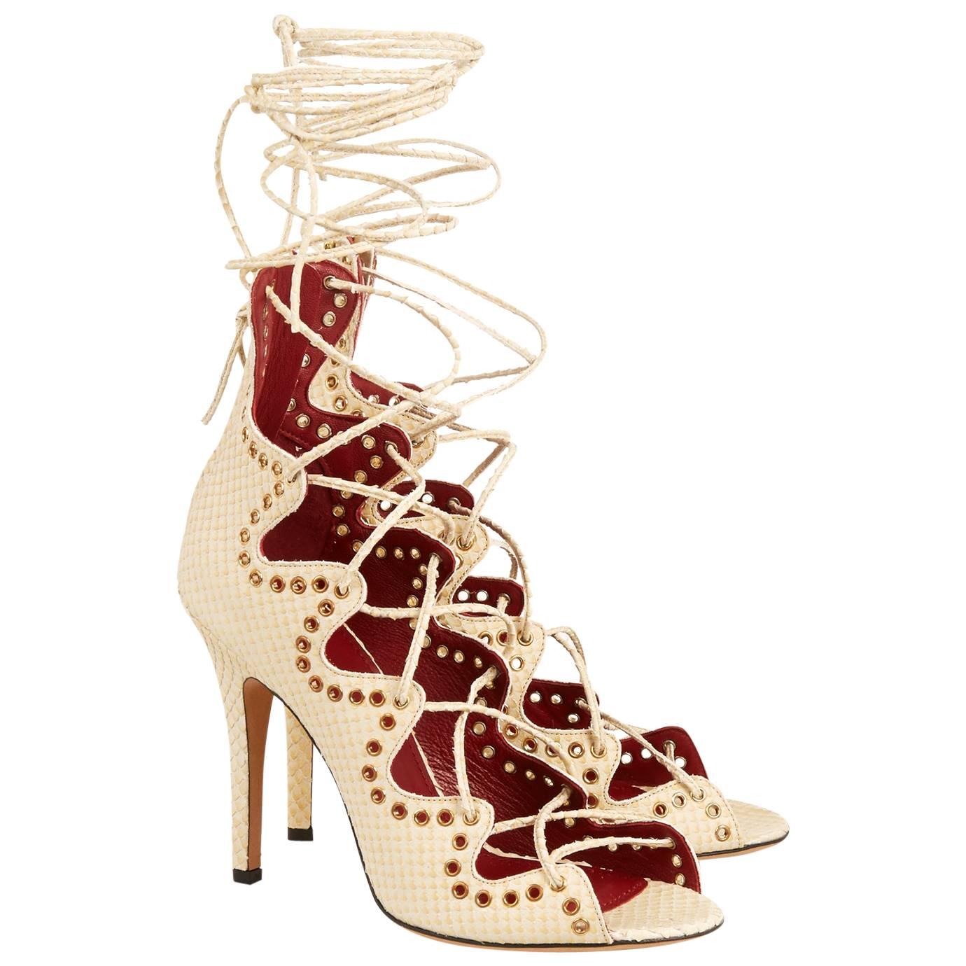 Isabel Marant Cream Snake Leather Strappy Lace Up Open Toe Sandals Heels In New Condition In Chicago, IL
