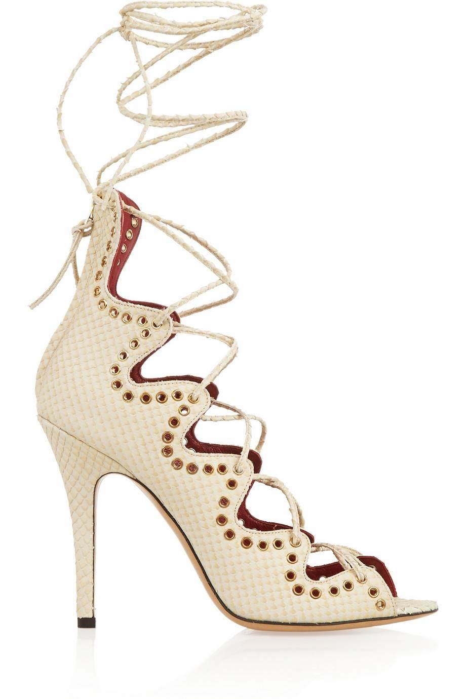 Women's Isabel Marant Cream Snake Leather Strappy Lace Up Open Toe Sandals Heels