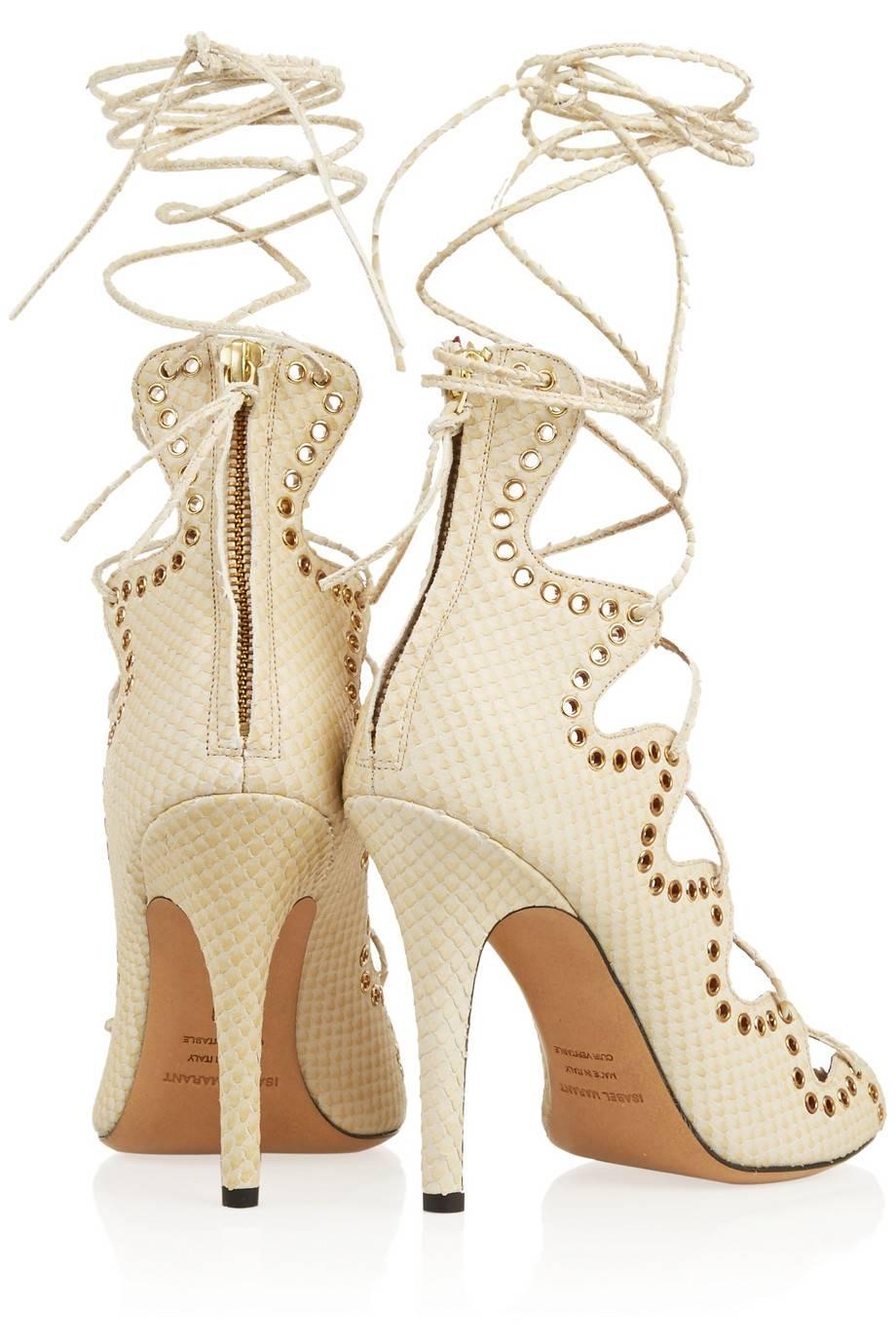 Isabel Marant Cream Snake Leather Strappy Lace Up Open Toe Sandals Heels 1