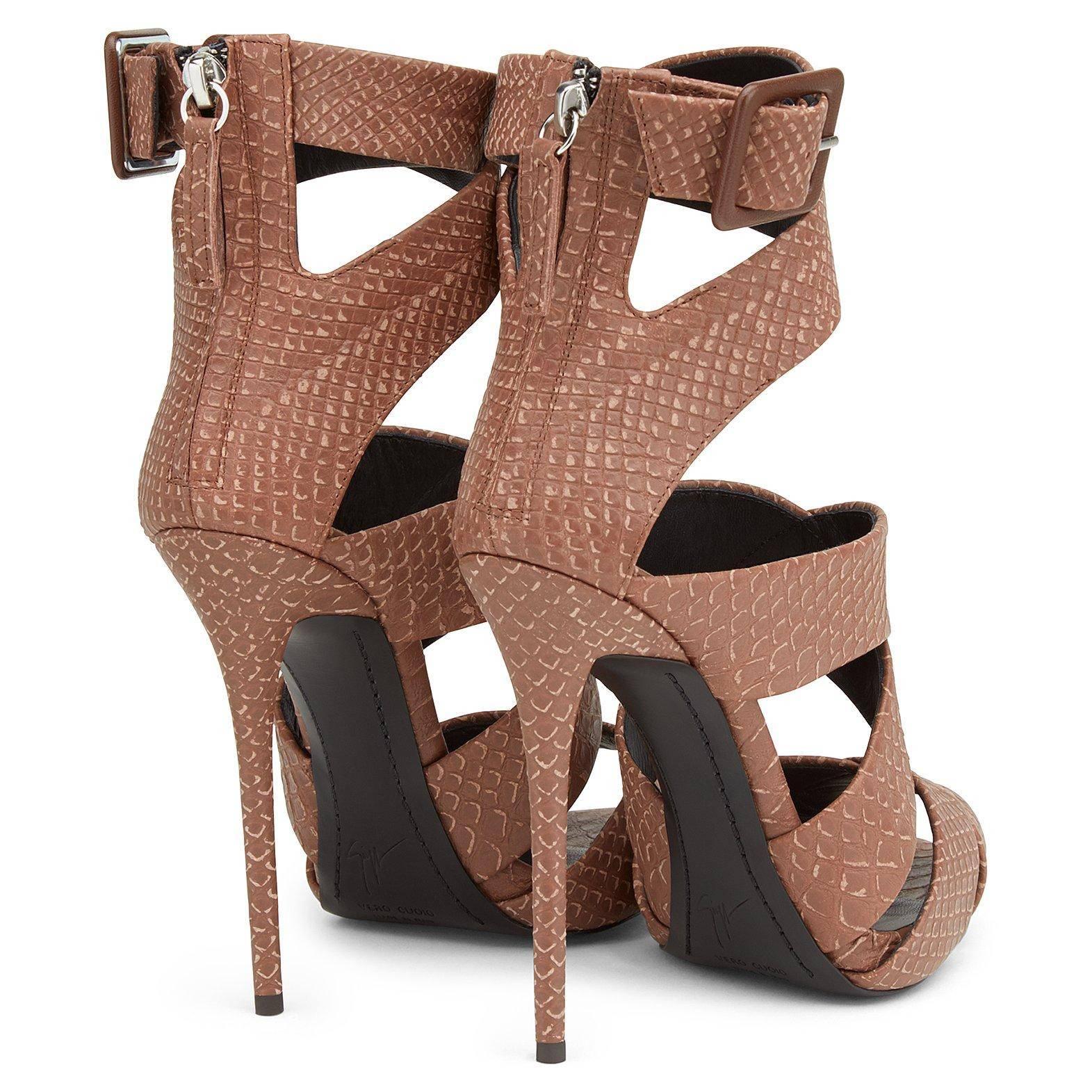 Women's Giuseppe Zanotti New Python Embossed Leather Nude Cognac Strappy Heels 