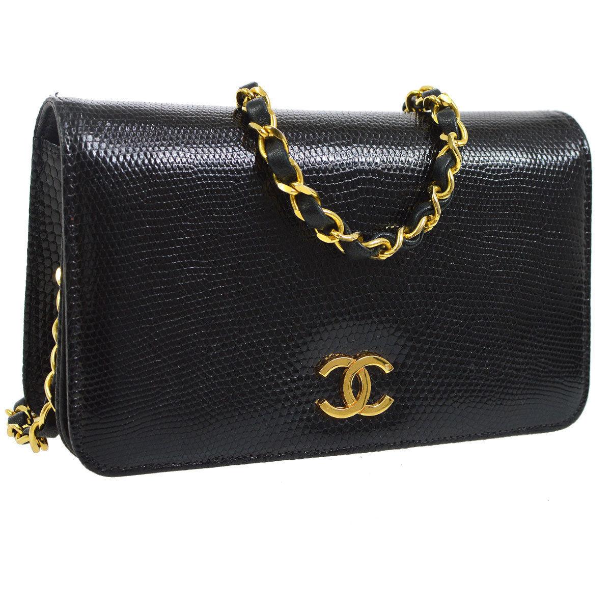 Chanel Black Lizard Gold WOC Clutch Evening Flap Shoulder Bag