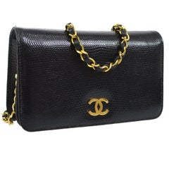 Retro Chanel Black Lizard Gold WOC Clutch Evening Flap Shoulder Bag