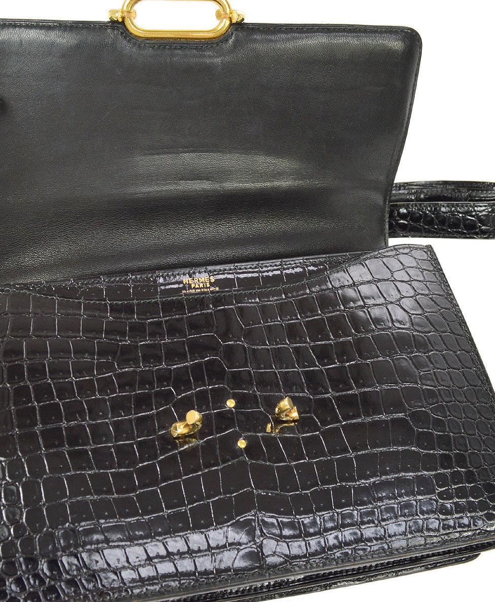 Women's Hermes Black Crocodile Gold Evening Top Handle Satchel Kelly Flap Shoulder Bag